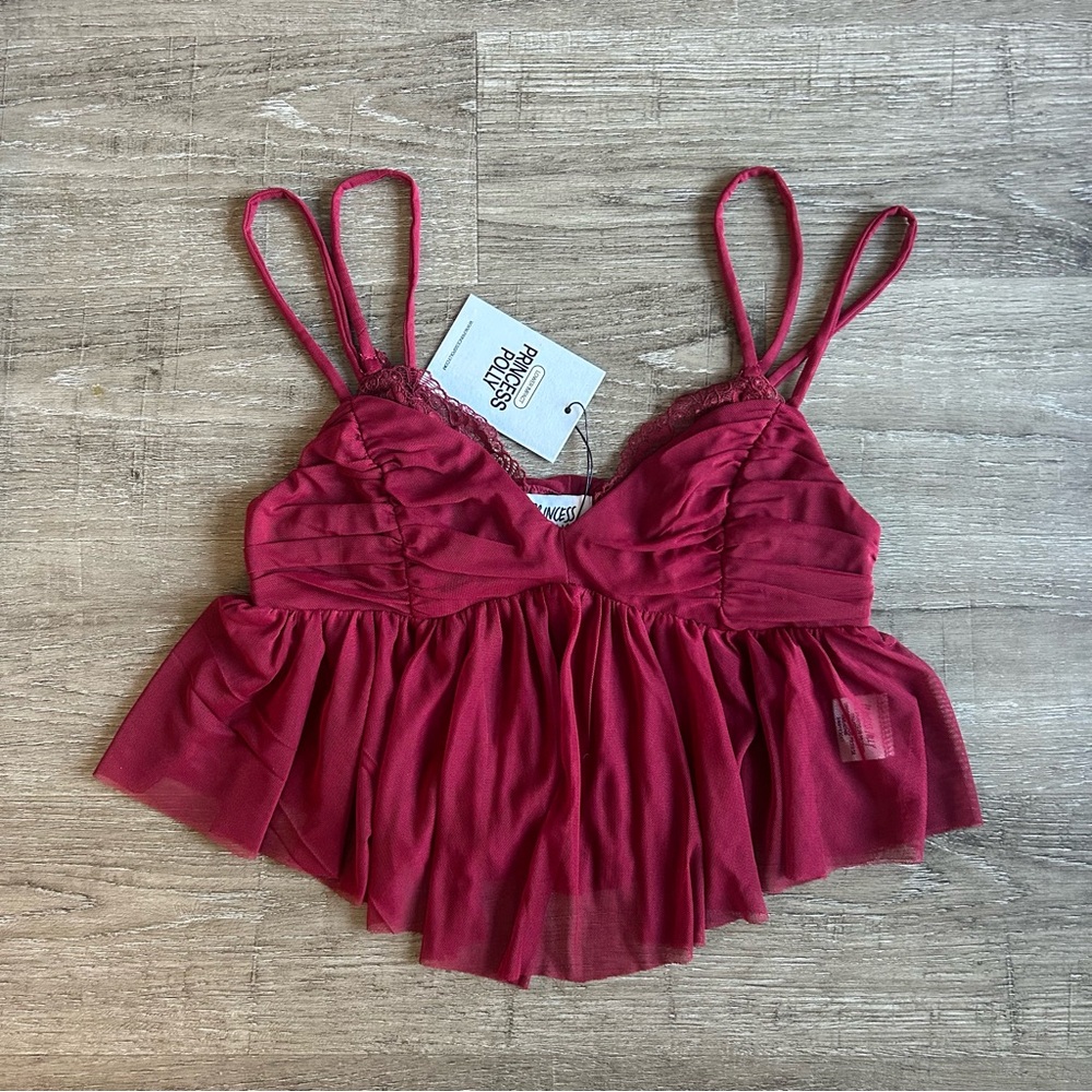 Princess Polly Corella Top in Burgundy NWT Red Lace Baby Doll Top